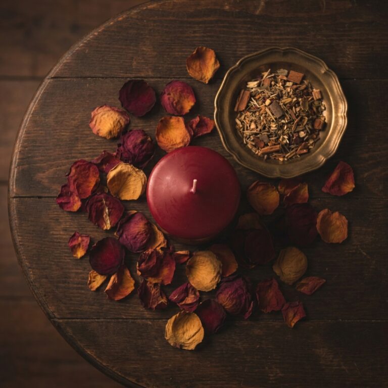 A red candle, scattered rose petals and a small dish of dried herbs on dark wood, the common materials of sexual spells and lust workings