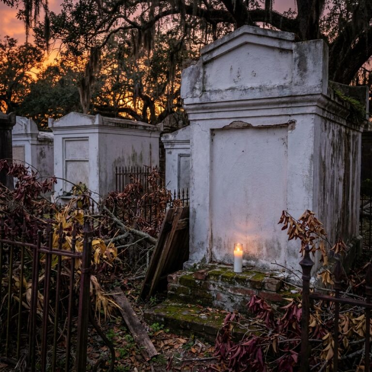 A weathered whitewashed above-ground tomb with a single lit white candle at dusk, the kind of New Orleans scene where many feel the veil is thin