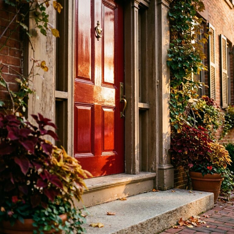 A glossy red front door on a historic brick home with autumn leaves on the stone step, a classic picture of red door meaning as protection and welcome