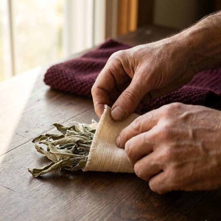 Hands wrapping dried garden sage leaves in a strip of cotton on a wooden table, the first of the herbal healing spells