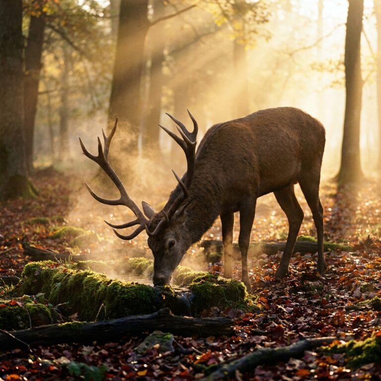 A red deer stag lowering its head to drink from a mossy forest pool in early light, an image of renewal at the heart of stag symbolism
