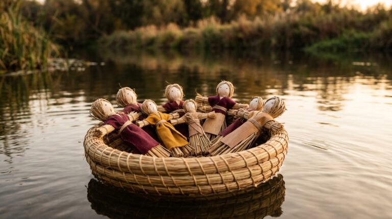 Straw dolls wrapped in burgundy and gold cloth sitting in a round woven boat on a calm river, a Japanese release custom that echoes a letting go spell
