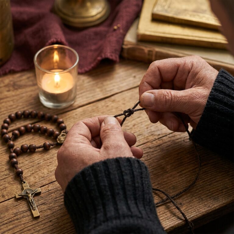 Hands tying a knot in a dark cord beside a wooden rosary and a candle, a Louisiana folk tradition outside the usual types of witches