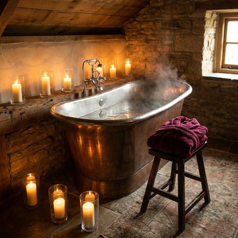 Steaming copper bath lit by candles, with a folded clean robe on a wooden stool, ready for a spiritual cleansing of the self