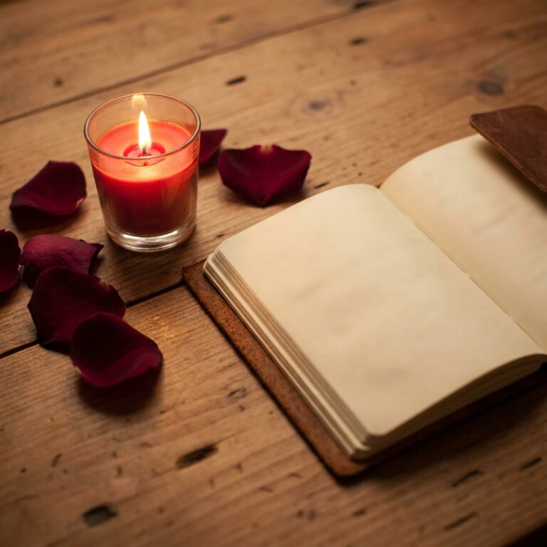 Red candle burning in a glass beside rose petals and an open notebook with blank pages, ready for writing a love charm