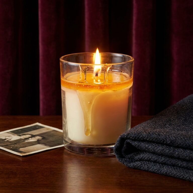 A honey-coated candle burning inside a clear glass jar beside a photograph and a folded garment, the jar spell whose clear glass is read as a sign a love spell is working