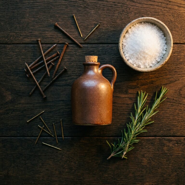 Old stoneware jug, iron nails, brass pins, a bowl of white salt and a sprig of rosemary laid out on dark wood for breaking a curse