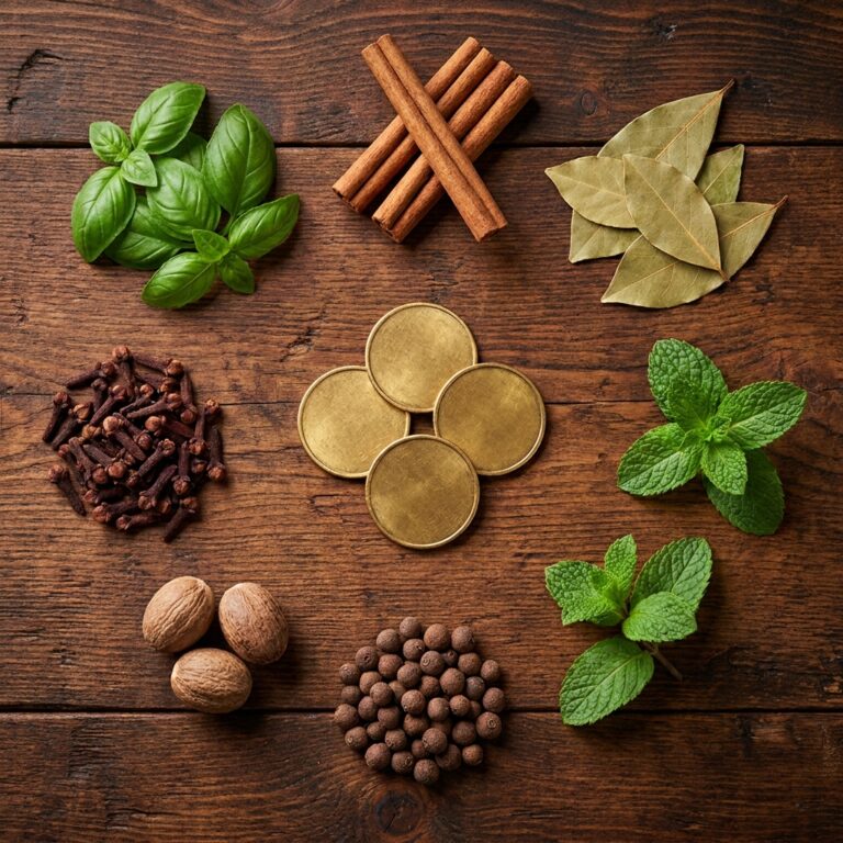 Flat-lay of money herbs on dark wood: fresh basil, cinnamon sticks, bay leaves, whole cloves, nutmeg, allspice berries and two sprigs of mint around a few plain gold coins