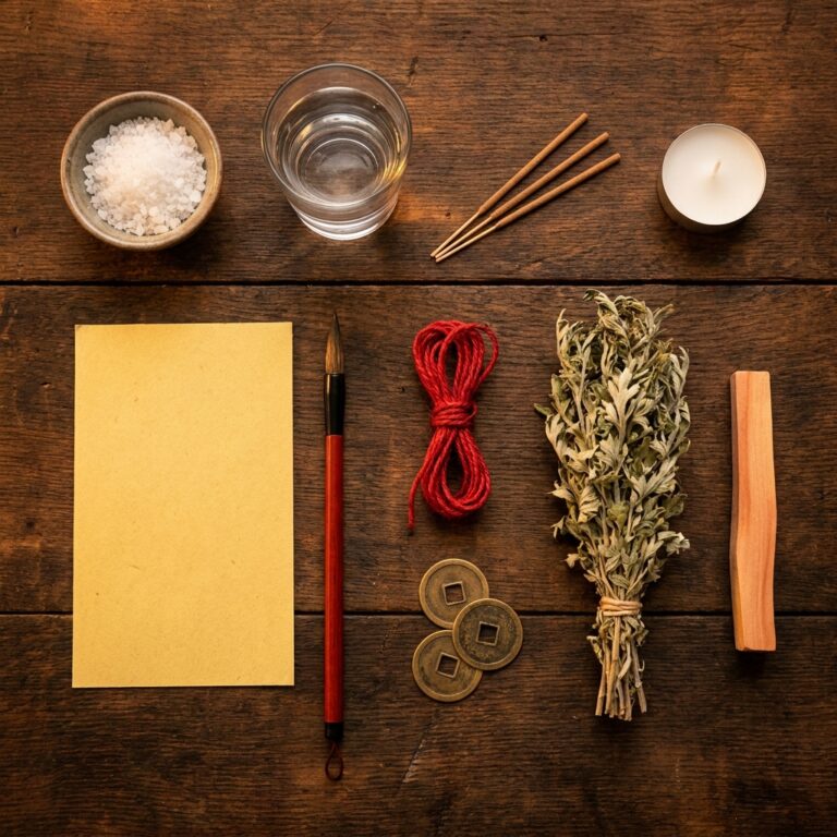 Flat-lay of beginner spell ingredients on dark wood: a bowl of salt, a glass of water, incense sticks, a white tealight, blank yellow paper with a red brush, red string, old coins, dried mugwort and a small peach-wood stick