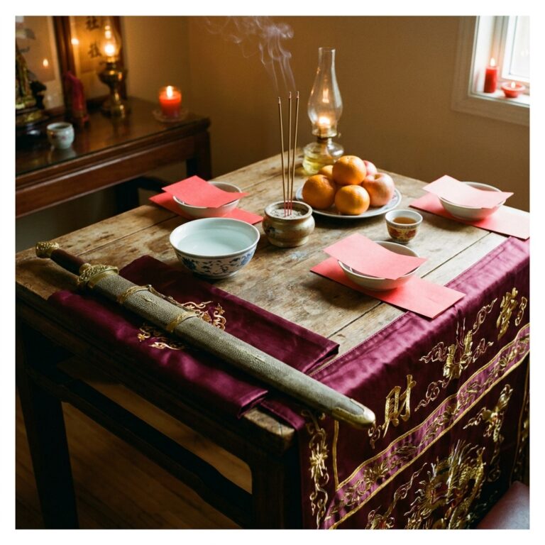 Altar table set for a purification ritual, with a sheathed ritual sword on a burgundy cloth, a bowl of clear water, burning incense, oranges and a cup of tea