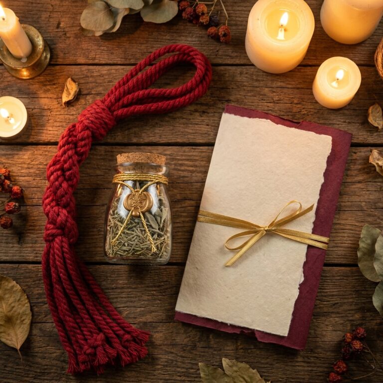 Braided and knotted red cord, a corked jar of herbs sealed with wax, and a folded paper tied with gold ribbon, the kind of hidden objects people look for when they try to break a love spell