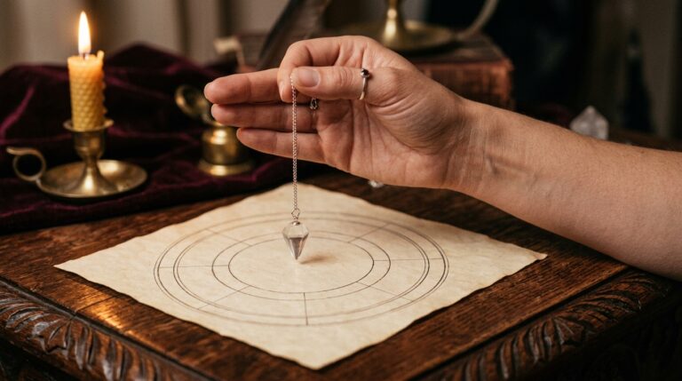 Hand holding a pendulum yes or no chain between thumb and forefinger, a clear crystal point hanging just above a blank circular chart on a carved wooden table