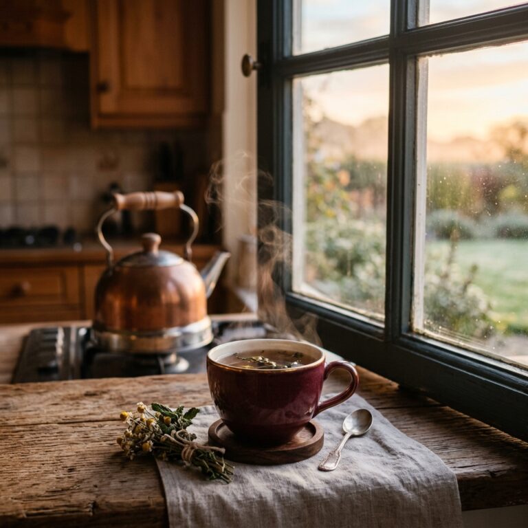 Steaming burgundy cup of tea on a wooden counter by a kitchen window at sunrise, with a copper kettle on the stove behind it, set out for a daily self-love spell