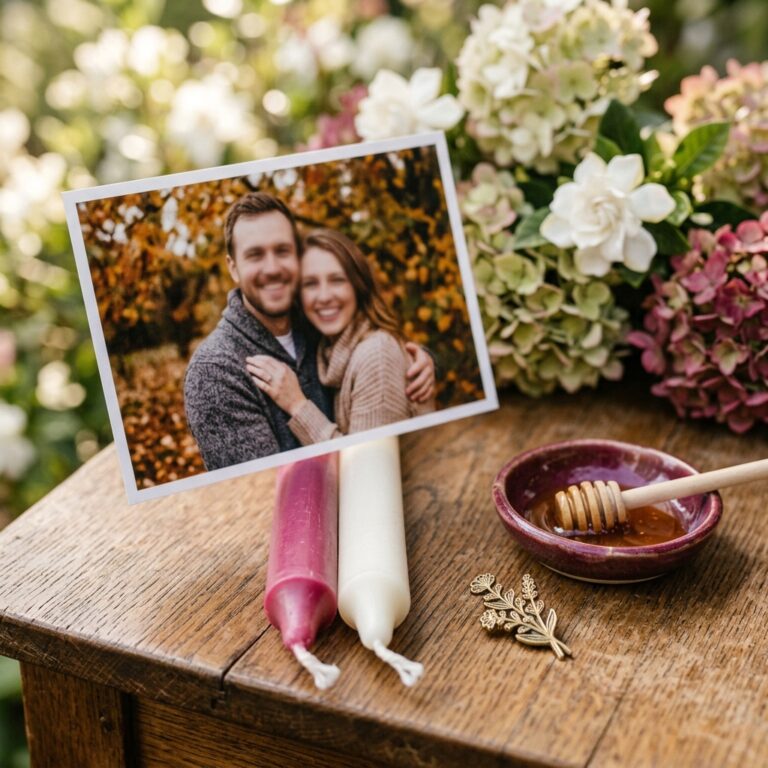 Printed photo of a smiling couple propped above a pink and a white taper candle, with a small dish of honey beside them, ready for a reconciliation candle spell