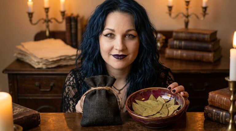 Madame Celestine at a candlelit wooden desk with a bowl of dried bay leaves and a small burlap pouch for carrying herbs for good luck