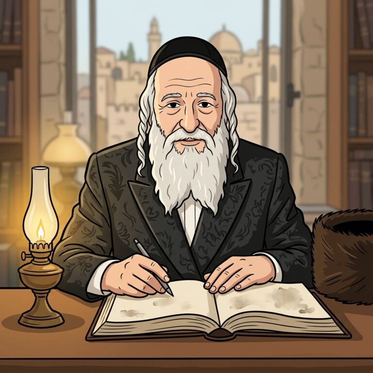 Cartoon illustration of a bearded scholar writing in an old open book by oil lamplight, representing study of Lilith symbolism in Kabbalah
