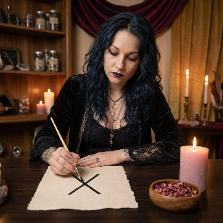 Madame Celestine painting the Gebo rune, a simple X, with a fine brush on blank paper beside a pink candle and a bowl of dried rose petals