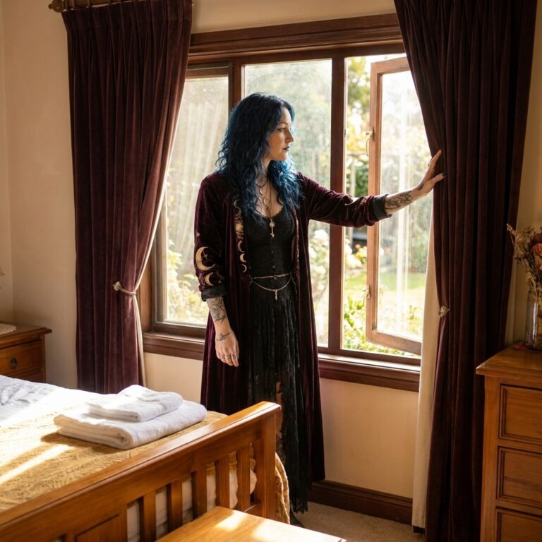 Madame Celestine pushing open a sunlit bedroom window beside a bed with folded white towels during a house cleansing after a long illness