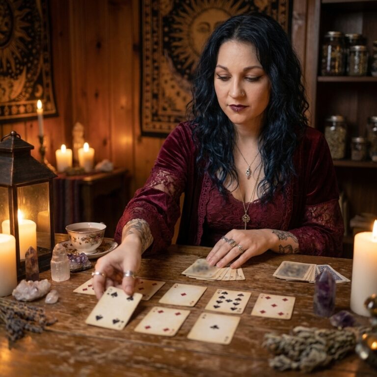 Madame Celestine laying out playing cards on a wooden table to read a situation before beginning hoodoo reconciliation work