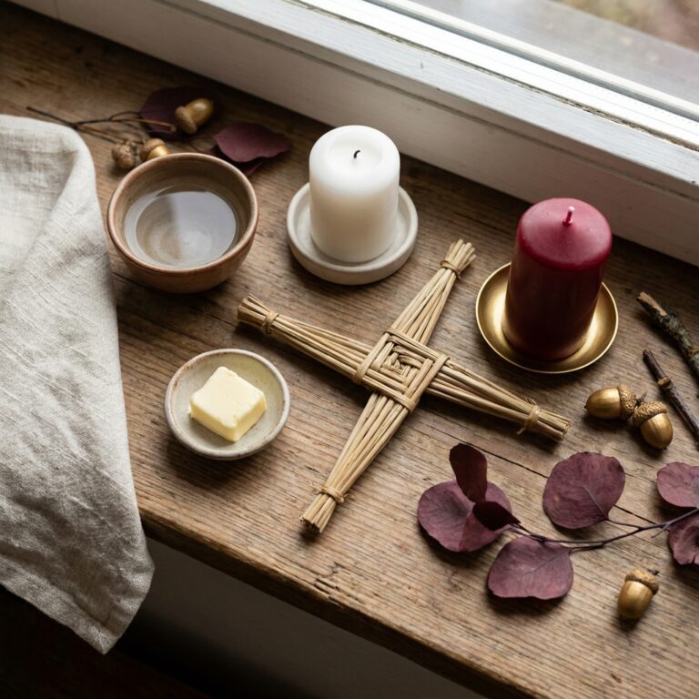 Small Imbolc altar on a wooden windowsill with a straw Brigid's cross, a white and a red candle, a bowl of water, a dish of butter and a linen cloth