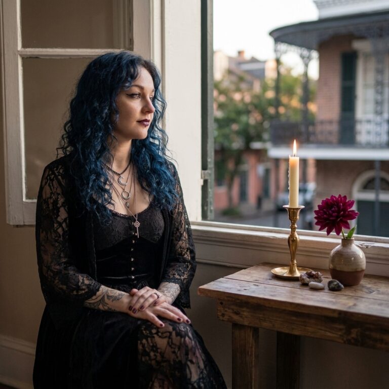 Madame Celestine seated beside a simple wooden altar at an open window, with a lit candle and a single crimson flower set out for a Beltane celebration at home