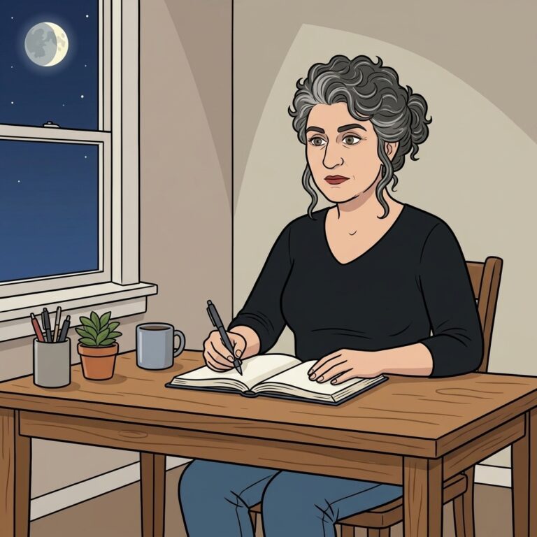 Cartoon illustration of Wren Ashby at a desk writing a Wiccan money spell chant in a notebook beside a waxing moon in the window