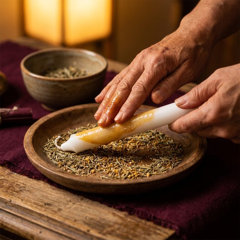 Hands rubbing oil onto a white taper candle over a wooden dish of dried rosemary before a protection candle ritual