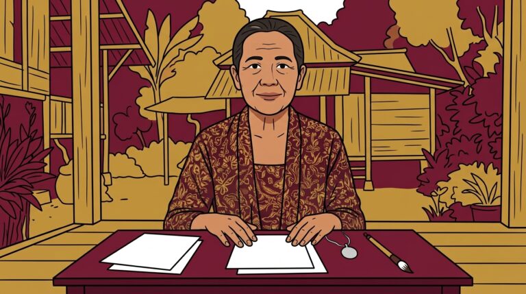 Cartoon illustration of a teacher seated at a desk with blank sheets of paper, a round silver pendant and a calligraphy brush, ready to explain how to make an amulet