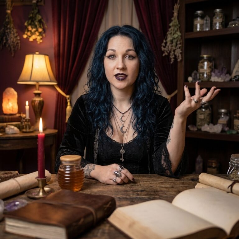 Madame Celestine at her desk explaining the parts of an obsession spell, with a red candle and a closed honey jar in front of her