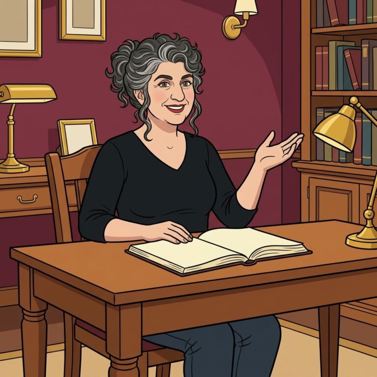 Cartoon illustration of Wren Ashby at a writing desk, explaining the history of sex magic rituals over an open book