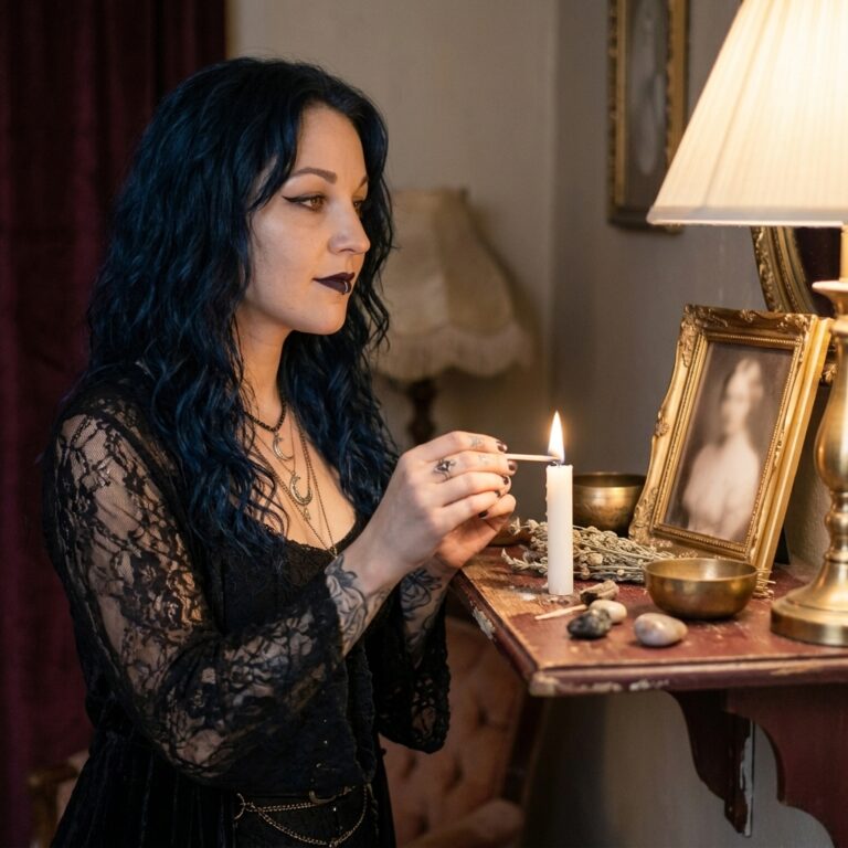 Madame Celestine lighting a white candle beside a framed photo on a small ancestor shelf, honoring the dead while the veil is thin