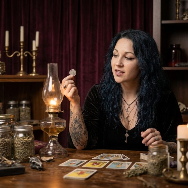 Madame Celestine at her wooden table holding up an old silver dime to the lamplight, explaining the spiritual meaning of finding dimes