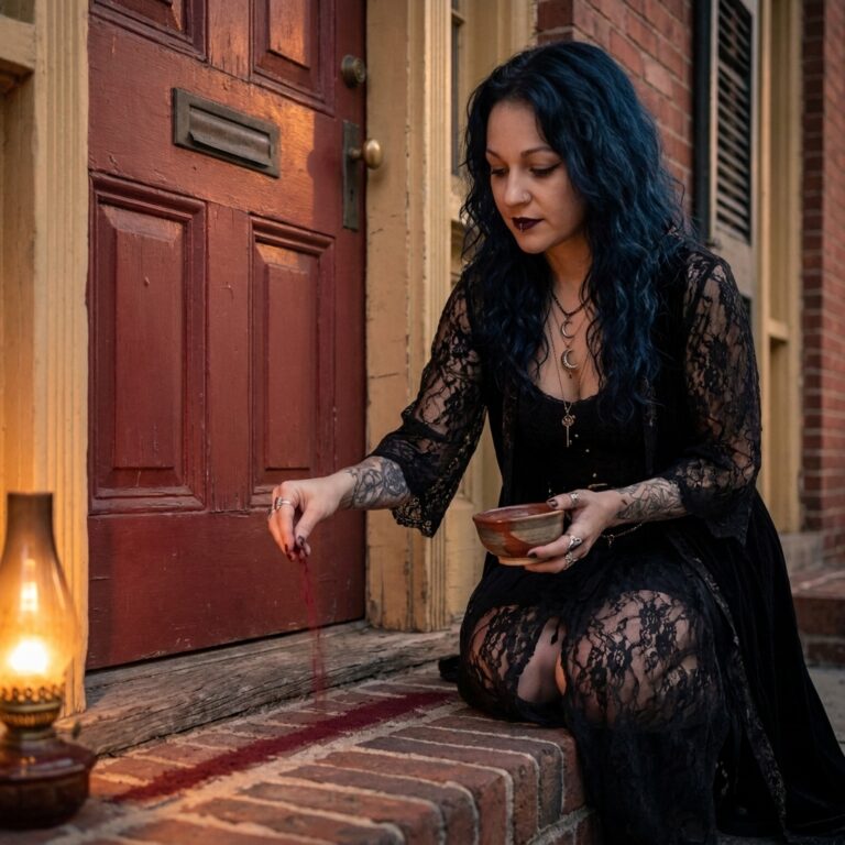 Madame Celestine sprinkling a line of red brick dust across the step of a red front door, a New Orleans way of protecting the threshold