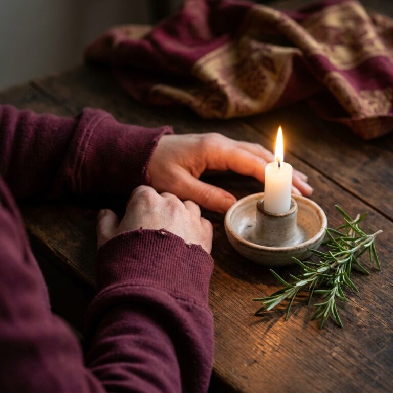 Hands resting near a lit white candle and a sprig of rosemary, a quiet moment during healing spells for grief and emotional recovery