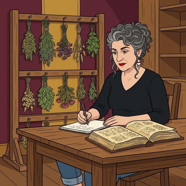 Cartoon illustration of Wren Ashby writing notes at a wooden desk beside an open old herbal book, with bundles of herbs drying on a rack behind
