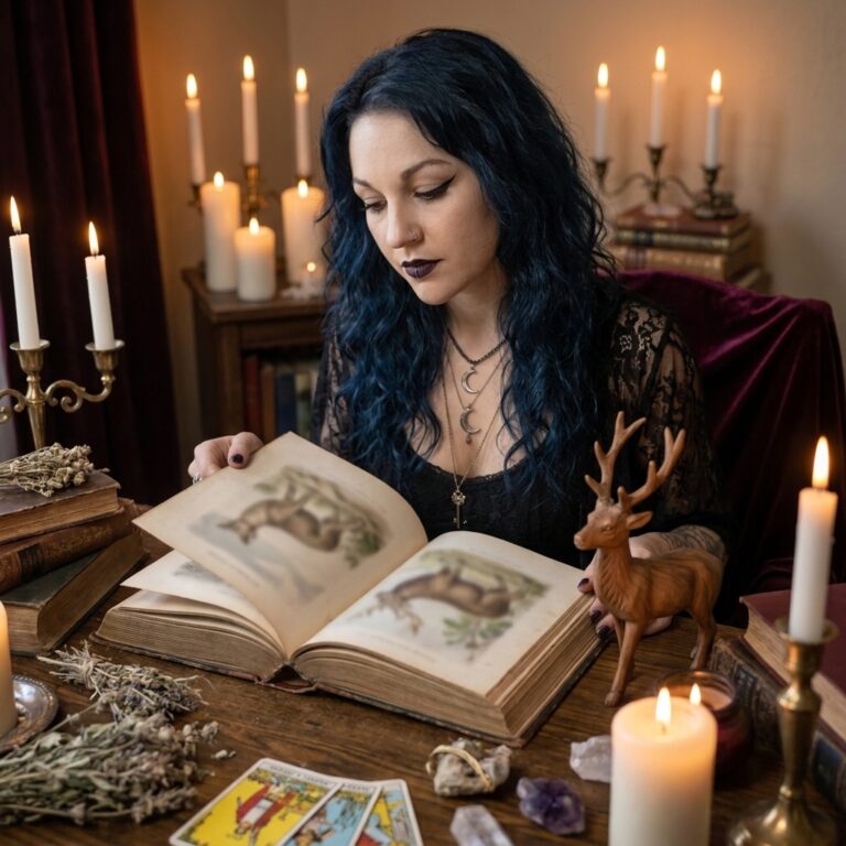 Madame Celestine at a candlelit desk reading an old book of deer illustrations beside a carved wooden stag figure, with dried herbs and tarot cards nearby