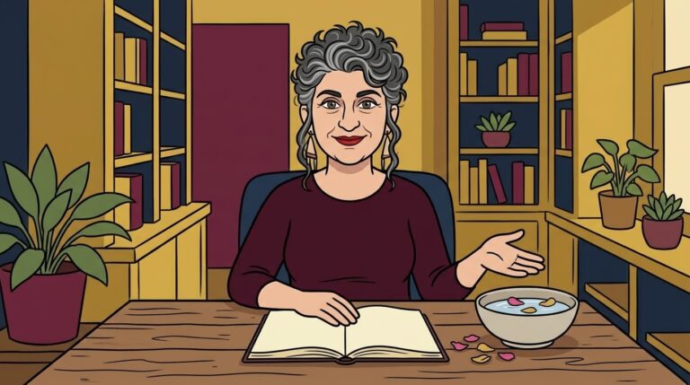 Cartoon illustration of a writer at a wooden desk explaining a letting go spell, with an open notebook of blank pages and a bowl of water holding flower petals