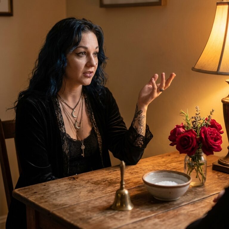 Madame Celestine explaining spiritual cleansing tools at a lamplit wooden table with a brass bell, a bowl of salt and red roses