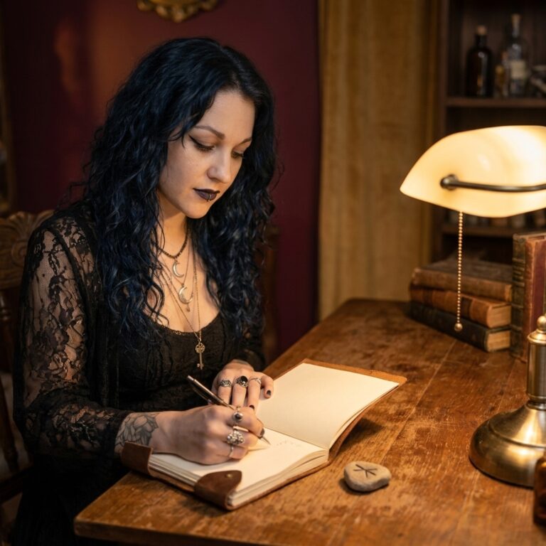 Madame Celestine writing a protection runes journal entry at a lamplit wooden desk beside a single carved rune stone