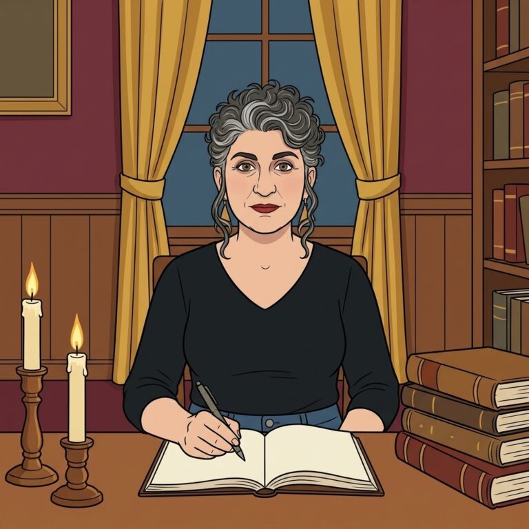 Cartoon illustration of a writer at a wooden desk with candles and blank notebooks, comparing notes on powerful love spells