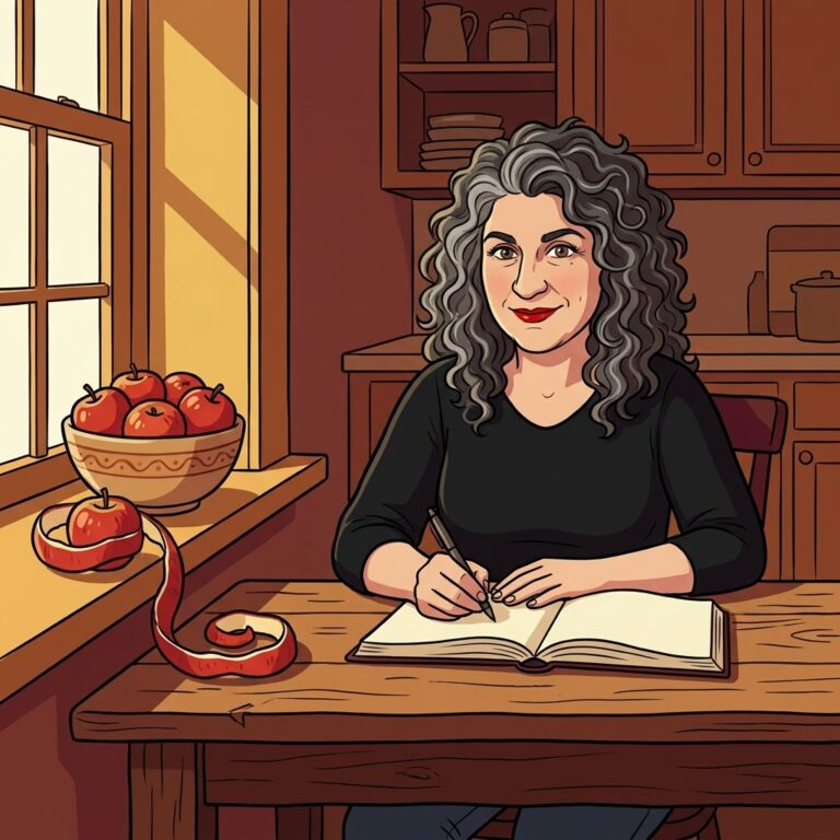 Cartoon illustration of a writer at a desk by a kitchen window, beside a bowl of apples and a long unbroken apple peel