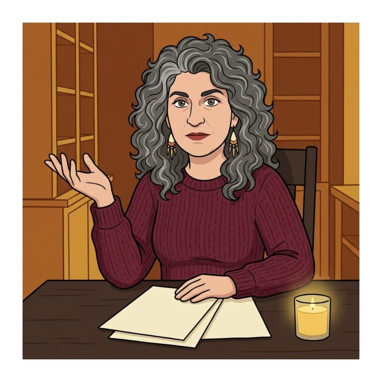Cartoon illustration of a gray-haired writer in a burgundy sweater at a wooden desk, gesturing as she explains contact spell steps, with blank pages and a candle glowing in a glass jar