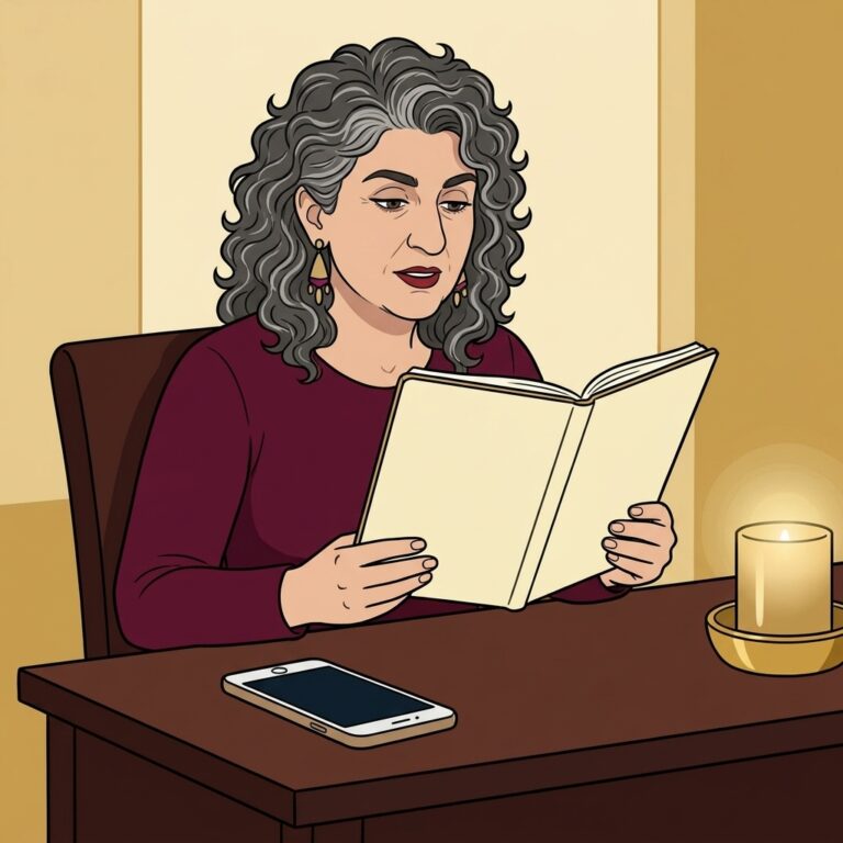 Cartoon illustration of a gray-haired writer in a burgundy top reading aloud from an open book at a desk, with a phone and a glowing candle beside her, as if practicing a call me spell chant