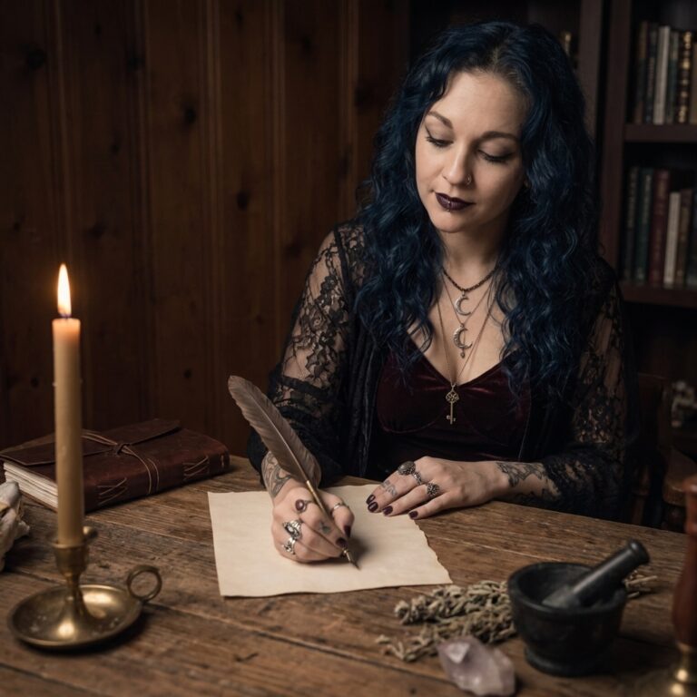 Madame Celestine writing with a quill on a blank sheet by candlelight at a wooden desk, beside dried herbs, a crystal and a mortar, preparing a simple spell to get your ex back