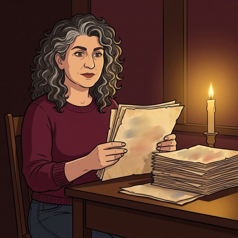 Cartoon illustration of a writer at a wooden desk reading through old notes by candlelight, researching the signs of a love spell