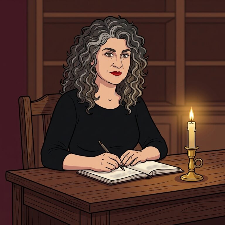 Cartoon illustration of a writer at a desk making notes beside a burning candle, planning how to tell if a love spell is working