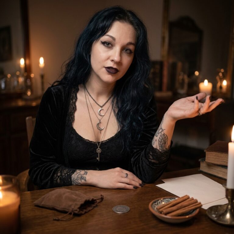 Madame Celestine at a candlelit desk explaining a spell to get a job, with a small cloth pouch, a coin and a dish of cinnamon sticks in front of her