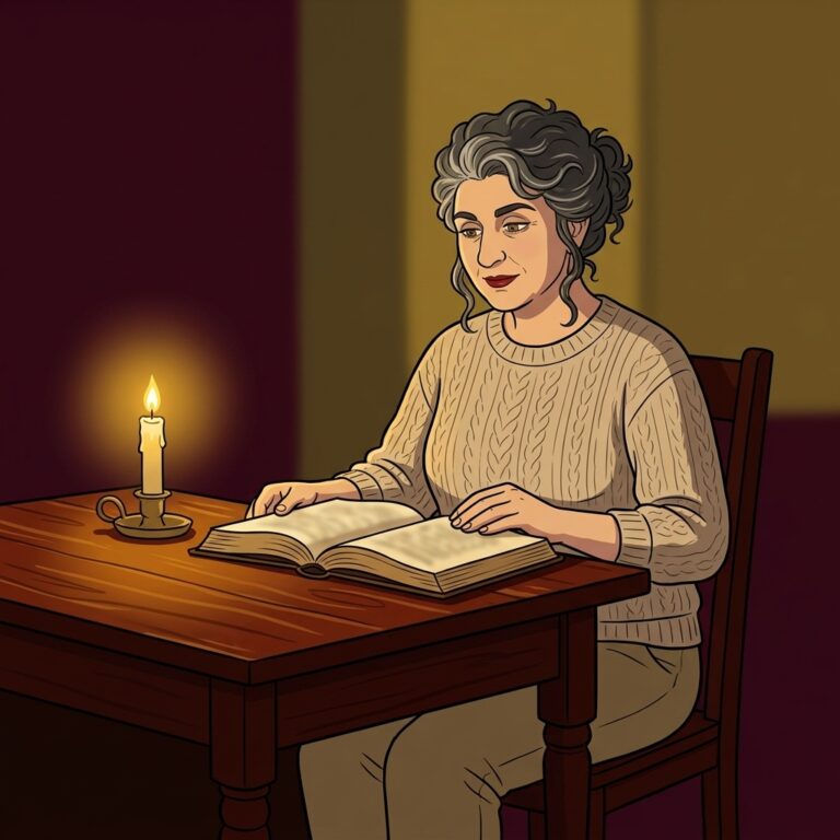 Cartoon illustration of a writer at a wooden desk reading an old book on the history of the love binding spell by the light of a single candle