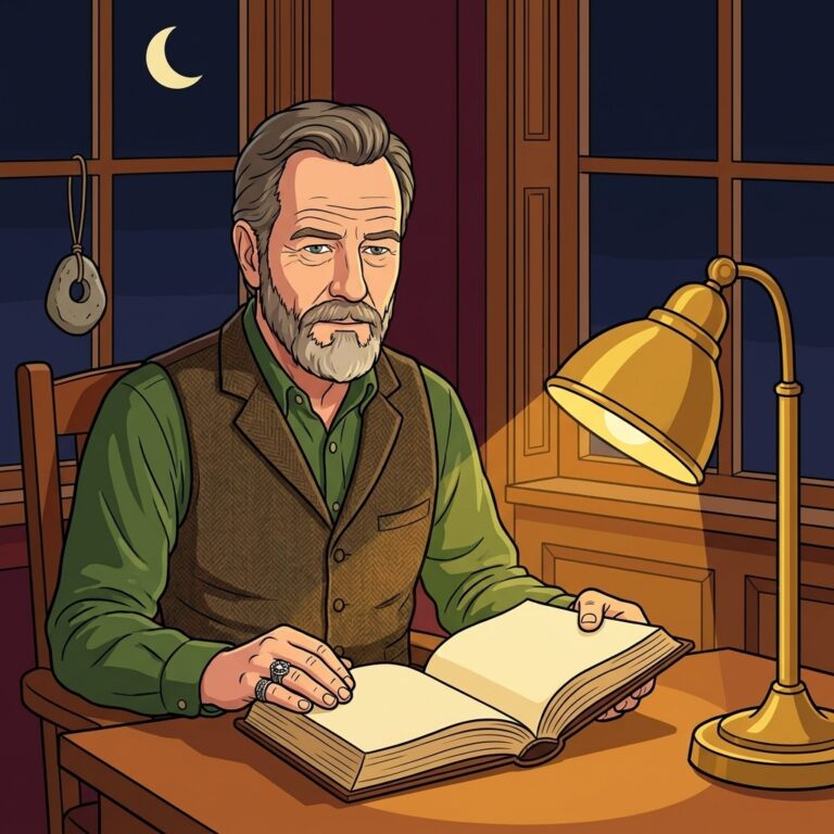 Cartoon illustration of a scholar at a desk reading an old book on breaking a curse by lamplight, with a holed stone hanging by the window behind him