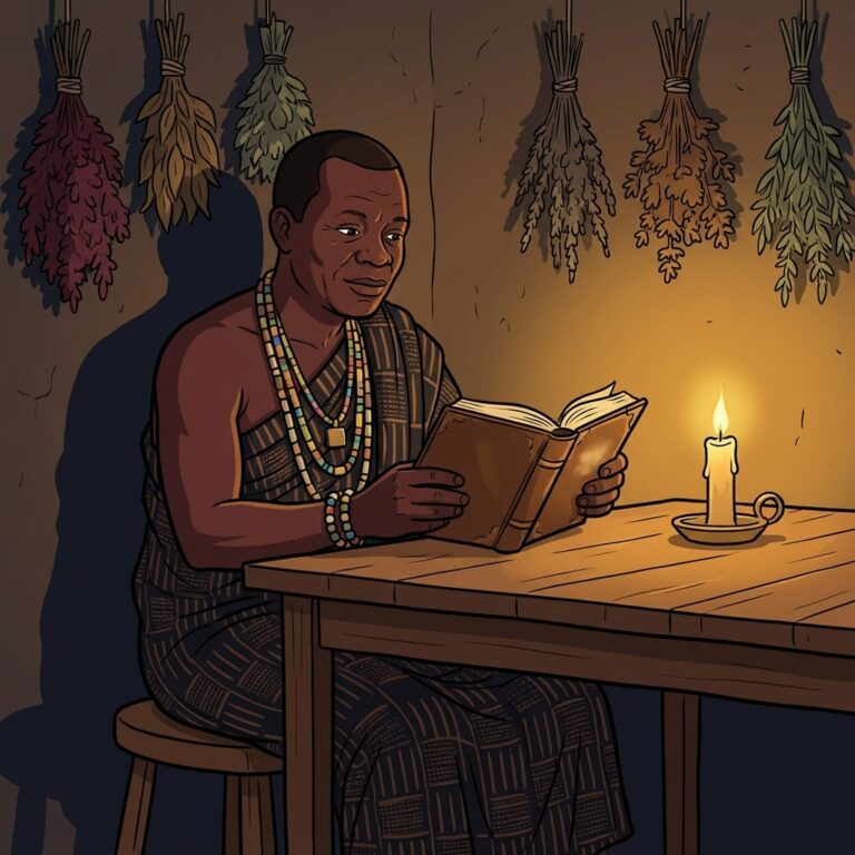 Cartoon illustration of a reader in a beaded necklace and woven cloth studying an old book of love spell lore by candlelight, with bundles of dried herbs hanging on the wall